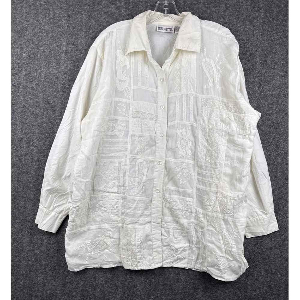 Silhouettes Top Womens 1X White Cotton‎ Embroidered Button Up Blouse Boho 1990s